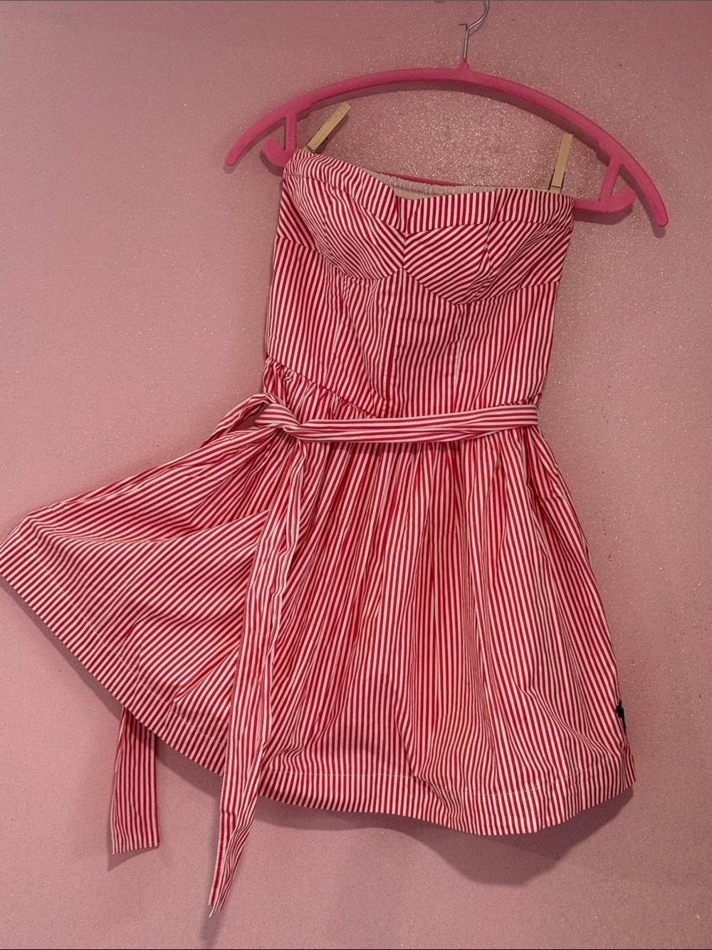 Abercrombie & Fitch Pink red and White Striped Strapless Dress with Waist Tie
